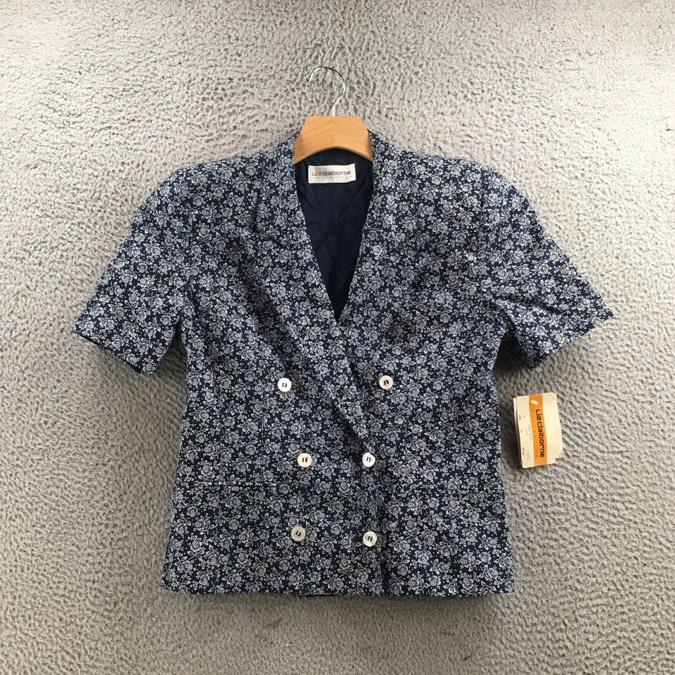 Blazer Liz Claiborne Mujer 8 Azul Algodón Manga Corta Cuello Botón Delantero NUEVO Foto 1 de 4