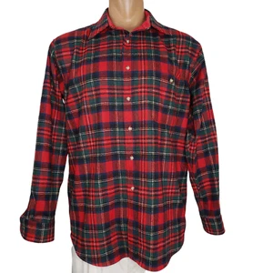Pendleton Shirt L/S Elbow Patches Pocket Large Red Stewart Tartan Plaid Wool USA - Picture 1 of 11