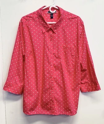 NUEVO CON ETIQUETAS Camisa Karen Scott Abotonada Rosa Lunares Manga Roll-tab Talla 3X Retro Foto 1 de 4