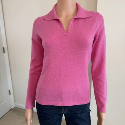Vintage Neiman Marcus 100% Pure Cashmere Hot Pink V-Neck Collared Sweater Small - Image 1 of 4