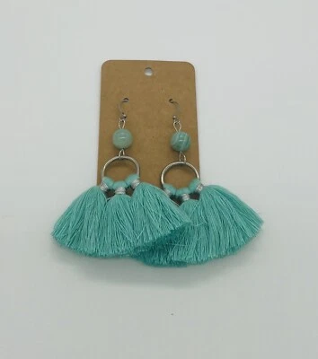 New Amazonite ball & turquoise thread tassel fringe boho earrings 3” long - Image 1 of 4