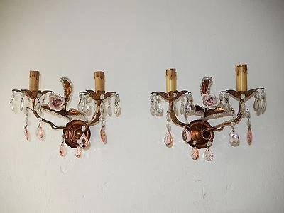 ~c 1920 Tole Porcelana Francesa Rosas Cuentas Cristal Prismas Apliques De Colección ¡Antiguo!~ Foto 1 de 4