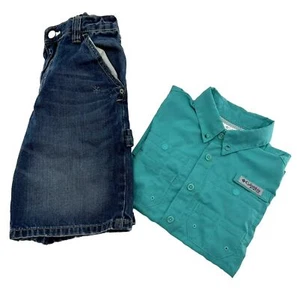 Columbia Button Down Shirt & Blue Jean Utility Cargo Denim Short Boys Size 8 2pc - Picture 1 of 10