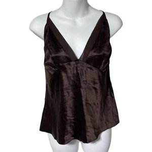 Camiseta sin mangas camisola babydoll 100 % seda marrón envolvente London talla 12 Y2K - Imagen 1 de 7