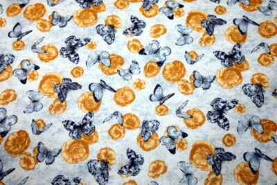 JARDÍN ROMANCE - MARIPOSAS AZULES Y FLORES AMARILLAS - TELA 100% ALGODÓN Foto 1 de 3