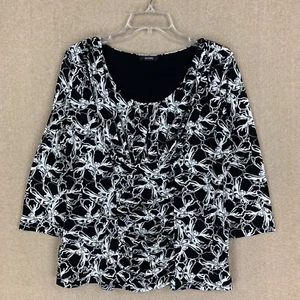 Alfani Top L Womens Black Floral V Scoop Neck Blouse Ruched Long Sleeve - Picture 1 of 10