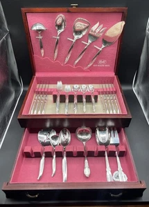 1847 Rogers Bros FLAIR Flatware For 8 w/ Wooden Chest 56pcs + 3pcs Extra Diff. - Picture 1 of 20