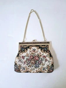 Vintage Floral Blume Nadelspitze Gobelin Tasche Handtasche goldfarben Kette - Bild 1 von 12