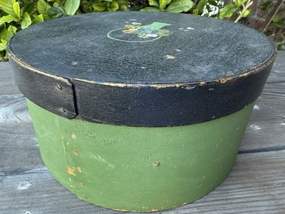 Antique Shaker Type Bent Wood Pantry Box Original Green Paint Floral Copper Tack - Image 1 of 4