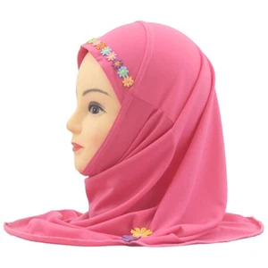 Muslim Kids Girls Flower Hijab Amira Instant Hat Turban Headscarf Shawl Wrap New - Picture 1 of 47
