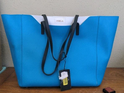 Bolso tote FURLA Romania Open Top Medium Divide-It Azul Cuero de grano cruzado MWT Foto 1 de 4