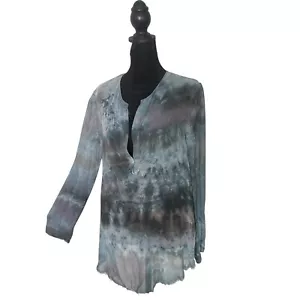 Raquel Allegra Chiffon Henley Silk Top Women 0 US S Tie Dye Sheer BOHO Raw Edge - Picture 1 of 13