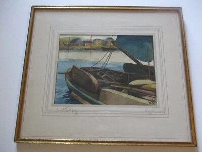 PINTURA ANTIGUA VINTAGE ERA WPA REGIONALISTA AMERICANO AÑOS 30 PUERTO MARINA COSTA Foto 1 de 4