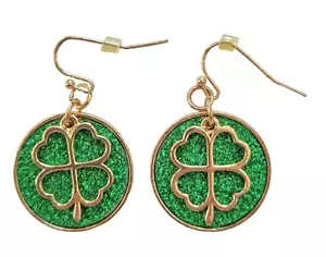 OHRRINGE St Patrick Vintage KLEEBLATT 4 Blatt Gold über grün GLITZER IRISCH Hänger - Bild 1 von 4