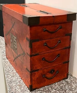 Rare Antique Japanese/ Korean Red Lacquered Sewing Box with Drawers. Circa 1900 - Picture 1 of 24