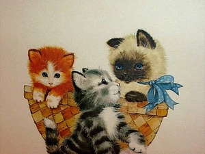 Authentic Cat Kittens Signed Molly Fleming Original Print WANNA PLAY? - Picture 1 of 9