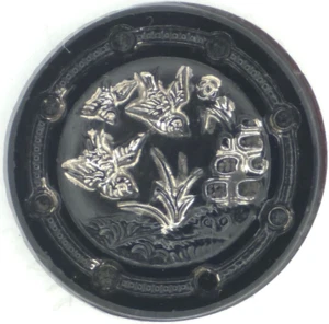 C1880s Antique Victorian Black Glass Silver Luster Flying Birds Picture Button - Picture 1 of 3