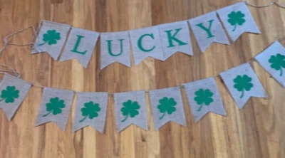 Feliz Día de San Patricio Suerte Trébol Arpillera Abrigo Banner Set Foto 1 de 4