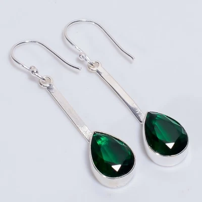 Pendientes étnicos hechos a mano de plata de ley 925 con piedras preciosas de diopsido 2,1" f137 Foto 1 de 4