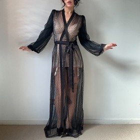 Dita Von Teese Black 'Lamarr' Maxi Sheer Polka Dot Gown Robe 1940s Hollywood