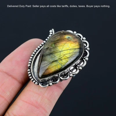 Elegante anillo solitario de plata de ley 925 de labradorita natural joyería talla 7,5 Foto 1 de 4
