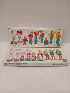 Vintage Handcut Wooden Jigsaw Puzzles X 4 Boy & Girl Dressing Educational 17x5". - Picture 1 of 24