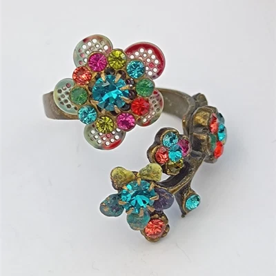 Anillo Michal Negrin caña dividida esmalte rama floral multicolor declaración vintage Foto 1 de 4