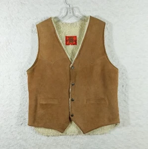 Pypsa Leather Vest Mens 42 Vtg Brown Genuine Sherpa Cowboy Frontier Western Snap - Picture 1 of 12