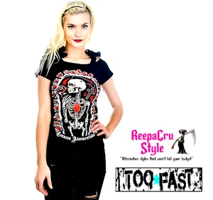 B18 Too Fast Corazon Skull Skeleton Annabel Bow Punk Rock Goth Shirt  - Picture 1 of 3