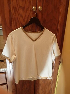 Women's Size X-Large Ivory with Tan Trim Silk V-Neck Short Sleeve Sweater - Image 1 of 2