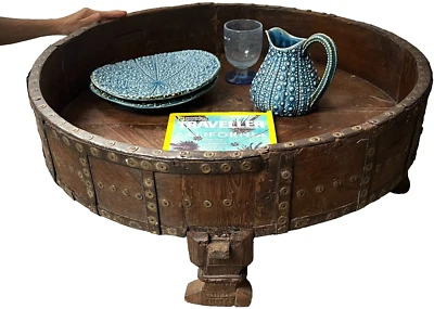 OLD INDIAN GRINDER TABLE CHAKKI ANTIQUE IRON BANDING STUD DECORATION TEAK 19th c - Image 1 of 4