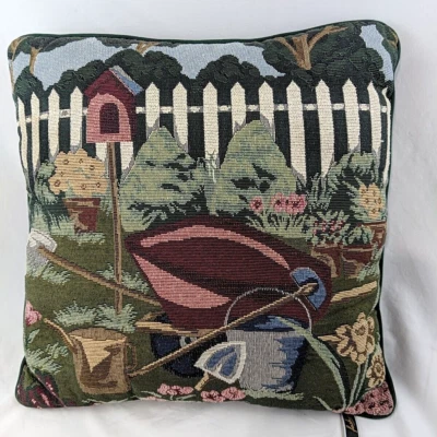 Fashion tapestry Pillow 16" Garden Scene Vintage Green Cottage Core Grandma Core - Image 1 of 4