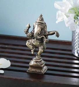 4"Lovely Brass Ganesha Statue Lord Ganesh Moorti Hindu Puja Home Temple India - Picture 1 of 2