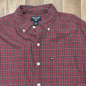 Ralph Lauren Jeans Co Button Down Shirt Red Plaid Mens Medium Flag Logo Vintage - Picture 1 of 8