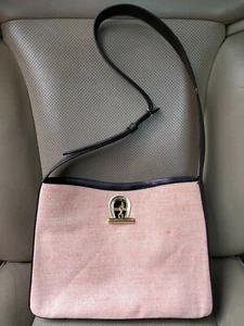 Etienne Aigner Vintage Peach Canvas Brown Leather Shoulder Bag Purse Hobo Tote - Picture 1 of 12