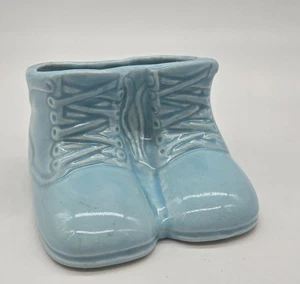 Two Vintage Light Blue Ceramic Decorative Baby Booties Planter - Picture 1 of 6