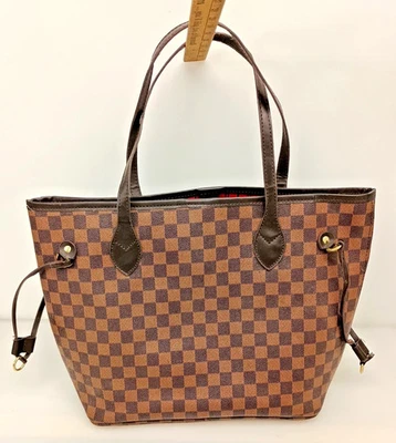 Коричневый клетчатый Neverfull стиль сумка с короткими ручками - красный подкладка - большая наплечная сумка - Изображение 1 из 4