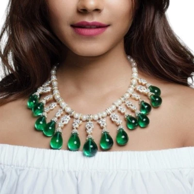 Important Green Drop Emerald & Lab-Created White Diamonds Bridal Pearl Necklace - Image 1 of 4