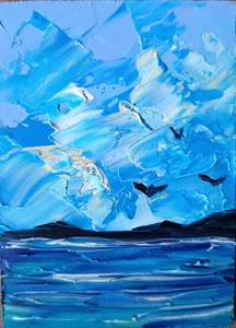 ACEO Original Sky Artwork Seascape Oil Sea Sunset Wall Decor Impasto 2.5 x 3.5" - Picture 1 of 15