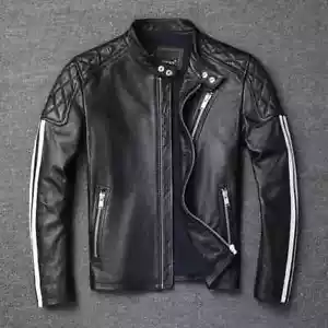 Mens Black Leather Quilted Jacket White Stripe Biker Genuine Lambskin Cafe Coat - Picture 1 of 4