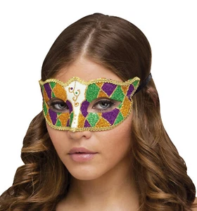 Shimmering Glitter Harlequin Gold Green Purple Diamond Shape Mardi Gras Eye Mask - Picture 1 of 1