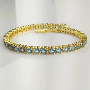 14K Yellow Gold Plated 8Ct Round Cut Lab-Created Blue Topaz Tennis Bracelet - Picture 1 of 9