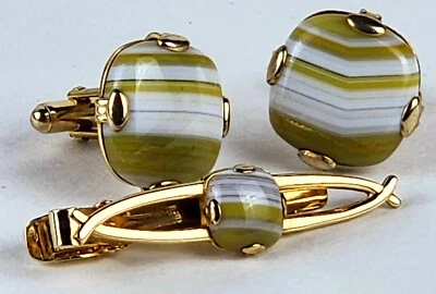 Vintage Anson Modernist Cufflinks and Tie Clip Large Green Shades Agate Stone - Image 1 of 4