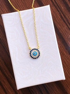 925 Sterling Silver Tiny Cz Blue Evil Eye Pendant Necklace Womens Girls 9mm Gold - Image 1 of 4