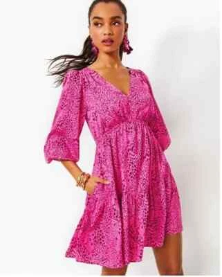 Nuevo con etiquetas Vestido Lilly Pulitzer Diacon Manga 3/4 Rosa Cerise Leopardo Barbiecore Talla 2 Foto 1 de 4