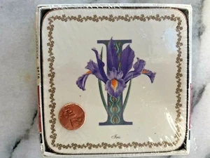 Pimpernell Coaster Set NIB Purple Iris Flower Monogram Letter i Josette Gourley  - Picture 1 of 2