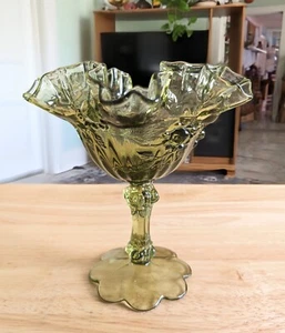 Vintage Green Fenton Ruffled Edge Cabbage Rose Compote Candy Dish - Picture 1 of 9