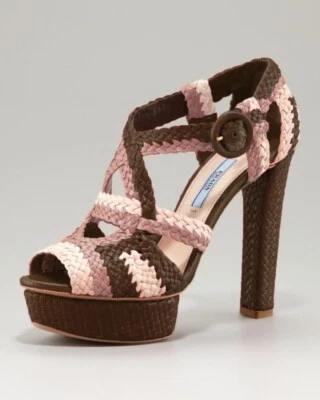 PRADA Madras Brown Pink Woven Platform Sandal Heels Shoes 37.5 7.5 NIB Tricolor - Image 1 of 4