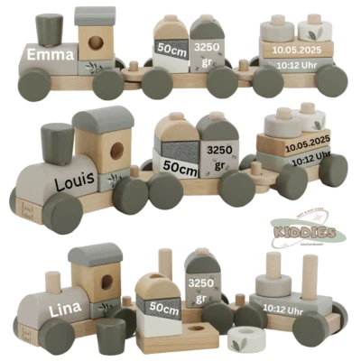 Label Label Holzzug – Olive Grün | Personalisiert mit Namen und Geburtsdaten - Bild 1 von 4
