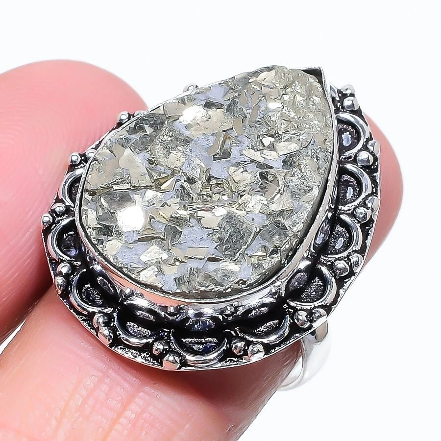 Anillo de joyería de plata de ley 925 con piedras preciosas de pirita natural talla 8 (EE. UU.) Foto 1 de 1